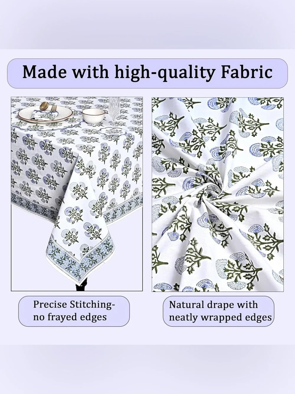 🆕 Ridhi Mughal Buta Blue Hand Block Print Cotton Reusuable Tablecloth 60”x60”
